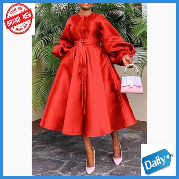 Long Sleeve Satin A-Line Cocktail Dress with Belt, Formal Babydoll - Picture 3 of 6